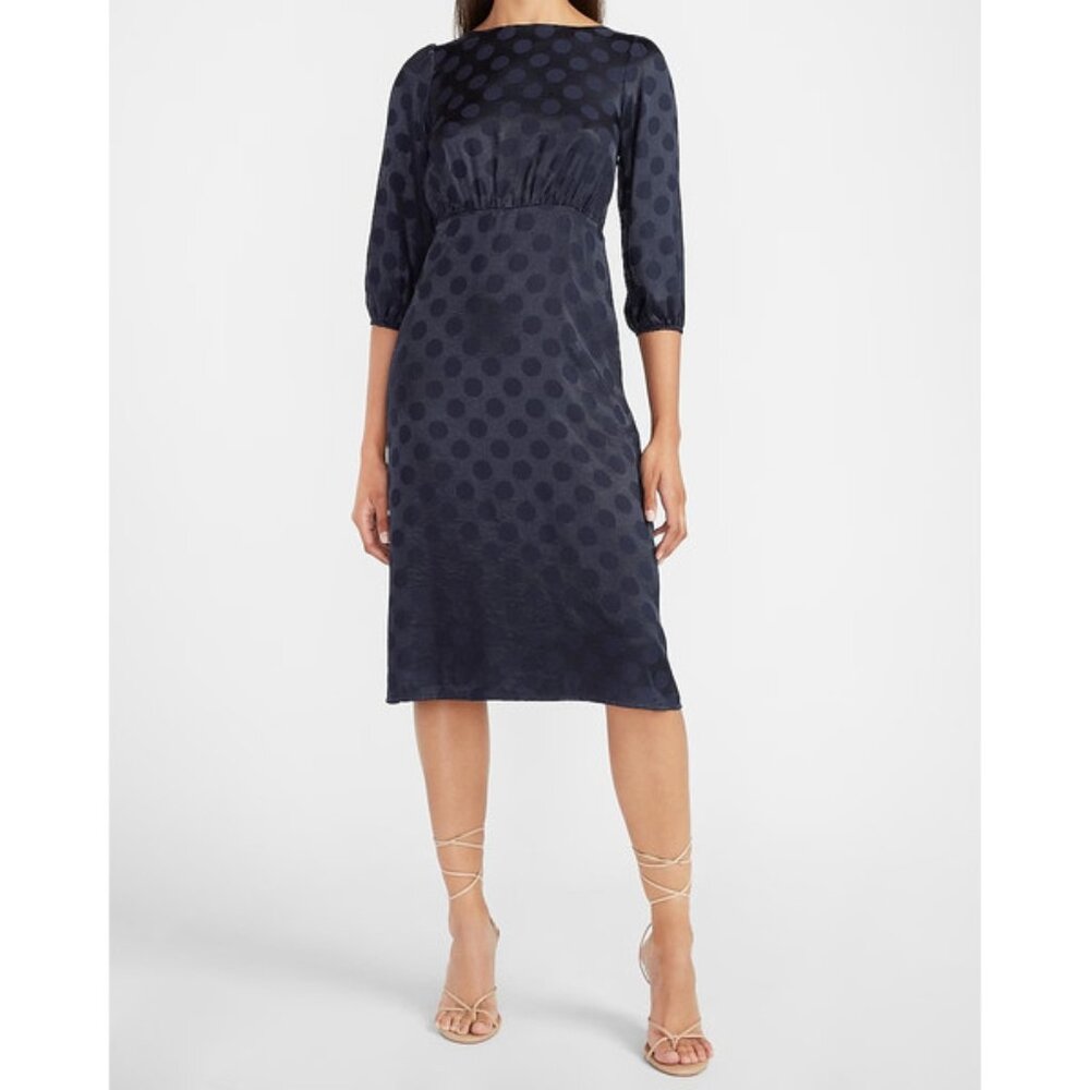 Express Jacquard Dot Puff Sleeve Midi Dress XS